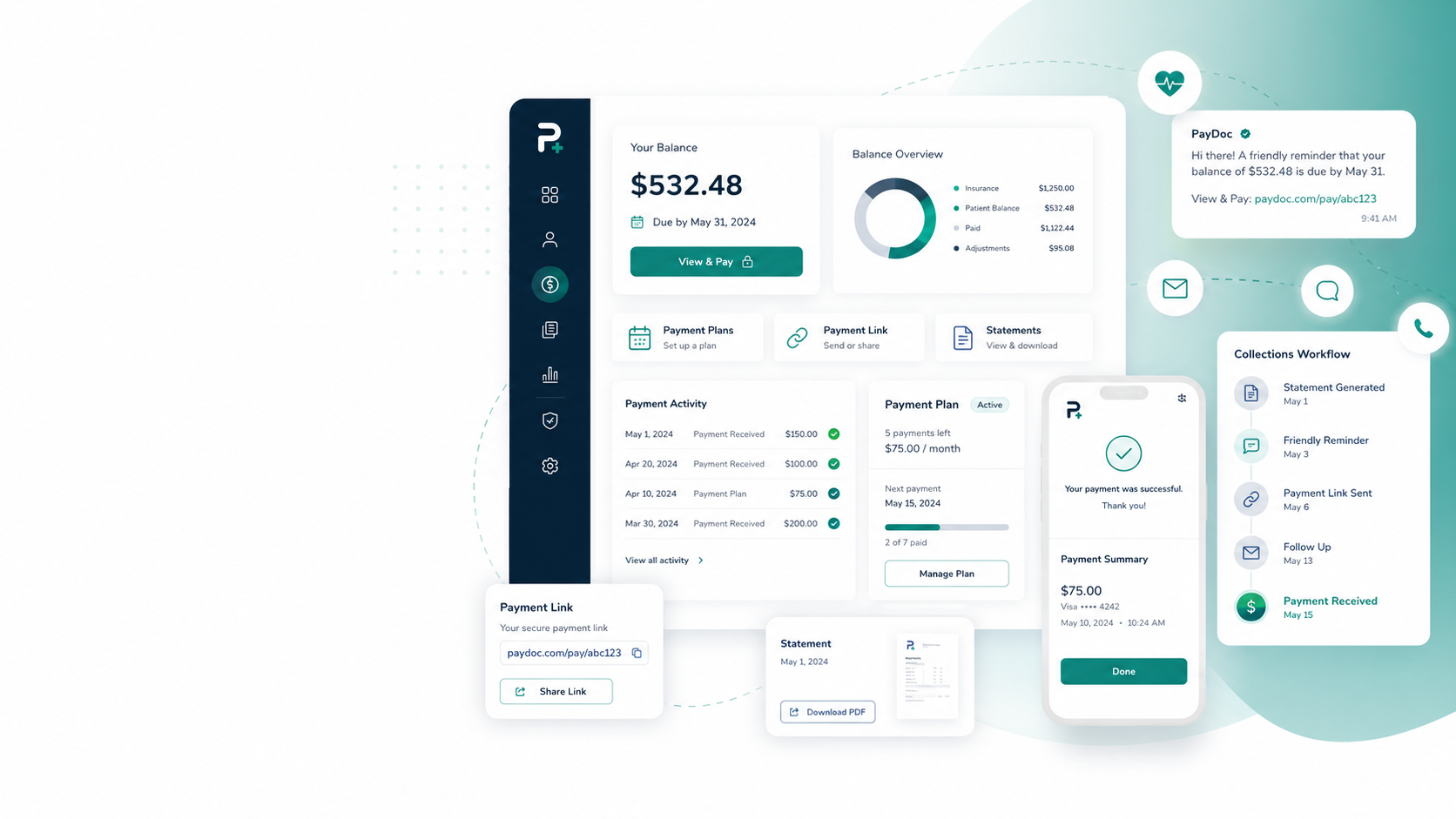 Illustration of patient balance, payment plans, and collections workflows